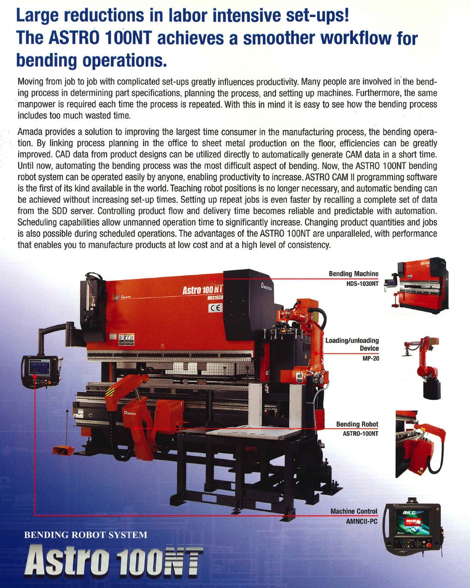 AmadaAmericaInc's tweet image. In 2001, AMADA introduced the ASTRO 100NT #roboticbendingsystem for precise, high-speed unmanned bending operations. This bending solution was equipped with various automated features such as an Automatic Tool Changer, Gripper Changer, Hand Changer, and a two-cart loading system.