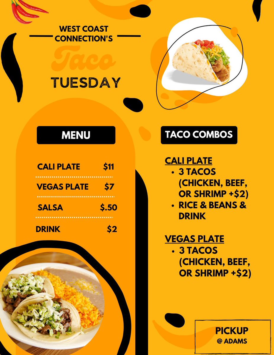 Attention #GramFam ‼️ The West Coast Connection will be selling ‘Taco Tuesday’ plates next Tuesday 1/17! So tapn with us if you want some good, authentic Mexican food from the Best Coast 😉🌴#GramFam #WCC 
*Pickup will be @ Adams*
*We are only accepting preorders until the 17th*