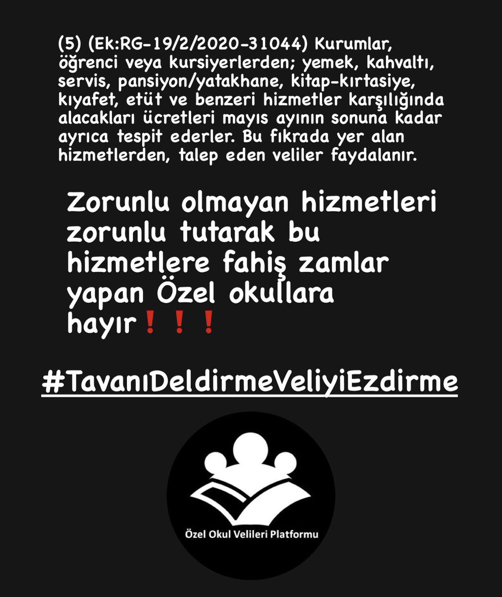 👉Tavan zam sınırının geçen yıl olduğu gibi delinerek ek hizmetlere fahiş fiyatlar uygulanması kabul edilemez❗️
👉Veliler ek hizmetleri almak zorunda bırakılamaz❗️
👍Ek hizmetler fahiş kazanç fırsatı olarak kullanılamaz❗️<a href="/tcmeb/">Millî Eğitim Bakanlığı</a>’e ortak çağrımızdır #TavanıDeldirmeVeliyiEzdirme