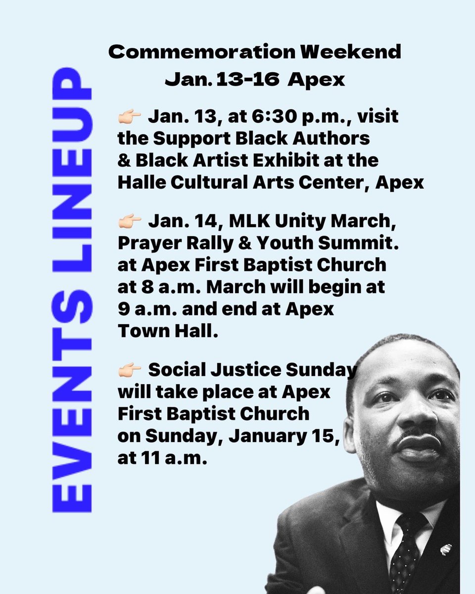 carymagazine's tweet photo. Honor Dr. King’s legacy locally with this lineup of events in Cary and Apex. 🙌🏻

💁🏻‍♀️ For more events, click the link below 👇🏻 

https://t.co/PLdUvIivle 

#mlkday #martinlutherkingjrday #carync #apexnc #NorthCarolina https://t.co/u0CFJigEjL