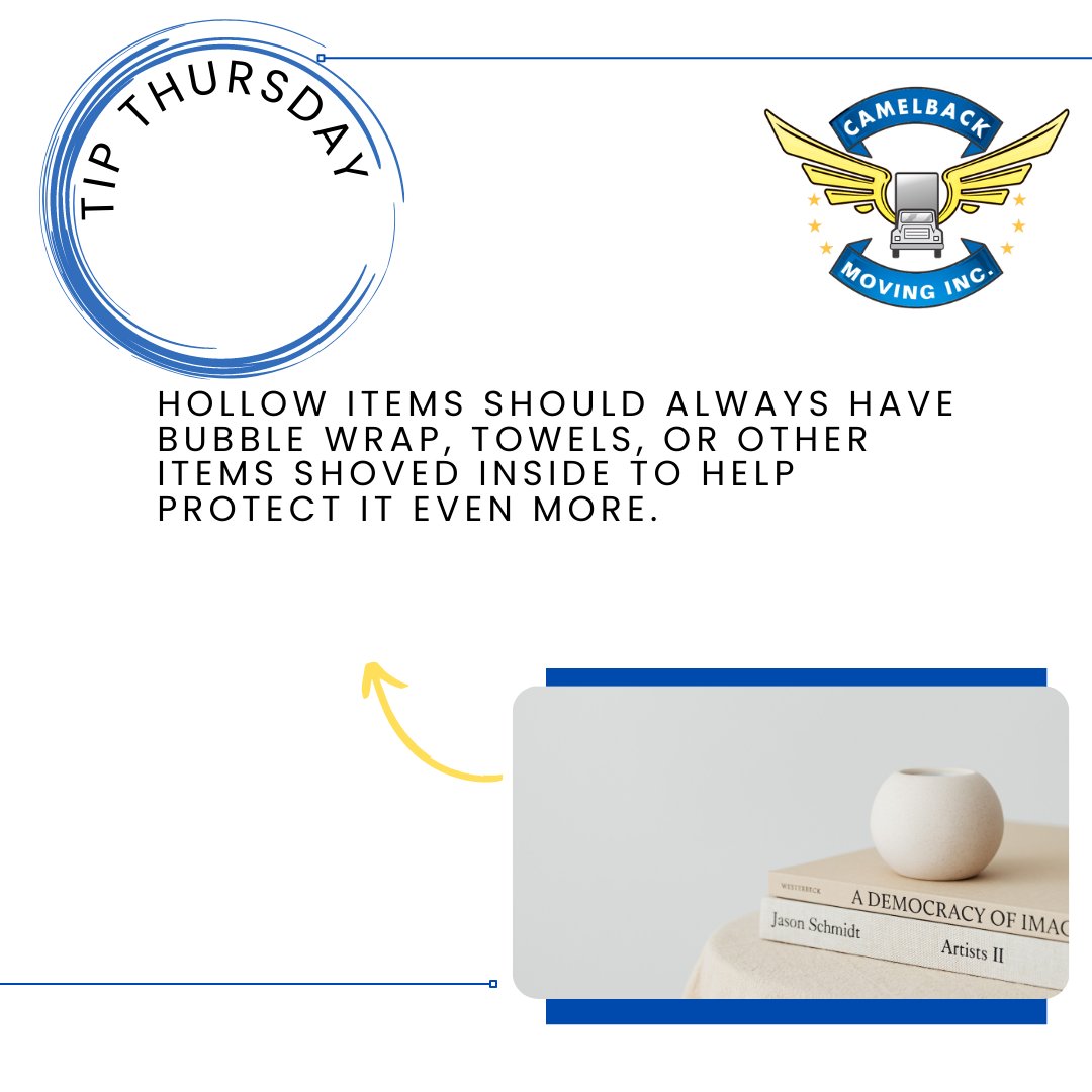 CamelbackMoving's tweet image. Whether you are packing up a vase, a bowl, or a figurine that is hollow, remember to protect it even more with this tip when packing. #CamelbackMoving #PackingTip #TipThursday