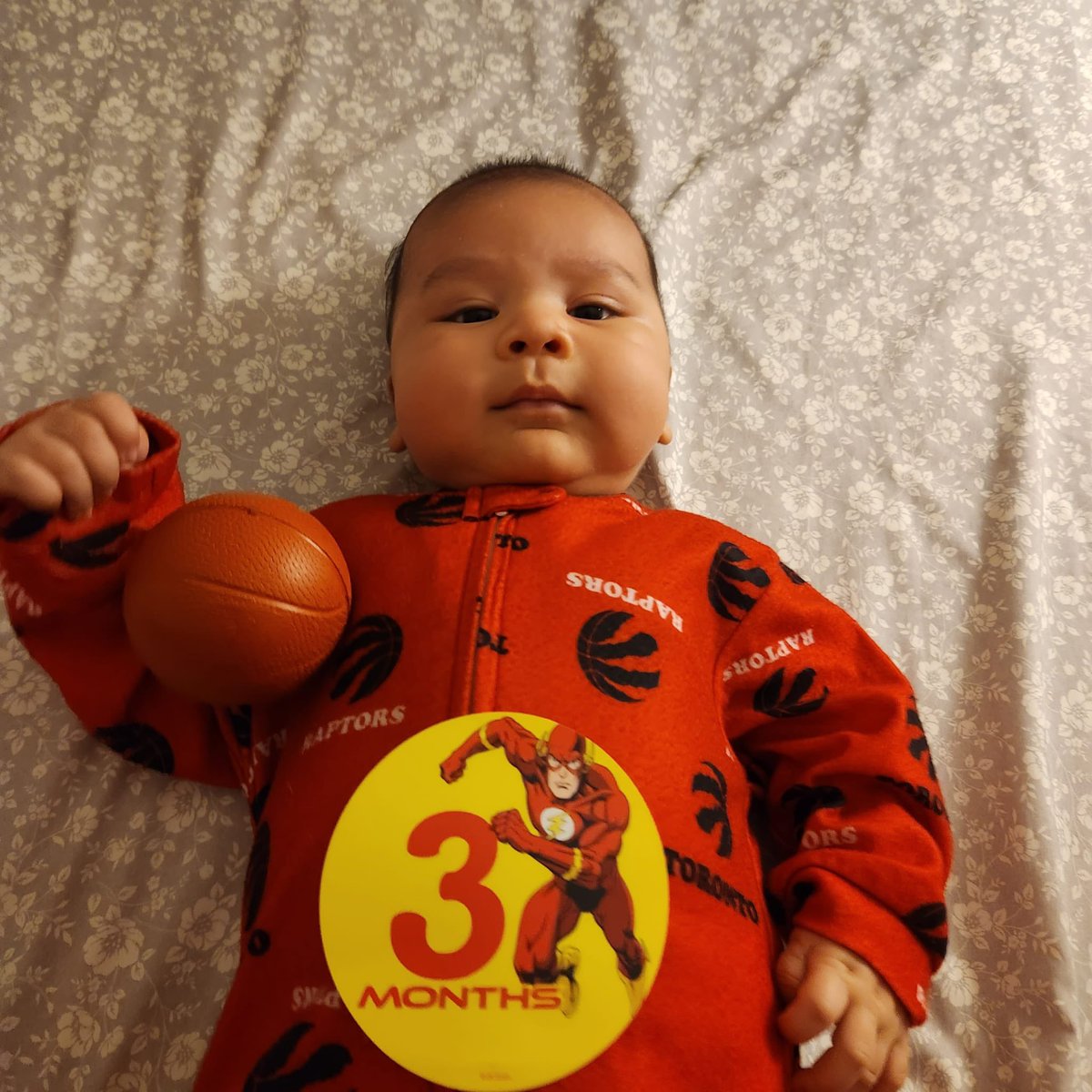 Max is 3 months old today and is wishing the @Raptors win a 3rd game in a row tonight @TangerineHoops! #tangerinefanangle #goraptors