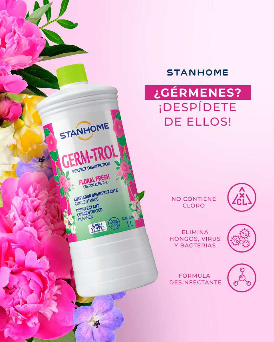 ¡Desinfecta superficies en solo 5 minutos! 🙌
La fórmula desinfectante de Germ-Trol Floral Fresh elimina hongos y bacterias de las superficies, mientras añades un toque floral a tu hogar con esta edición especial.
#Stanhome #MerecesloMejor #HomeCare