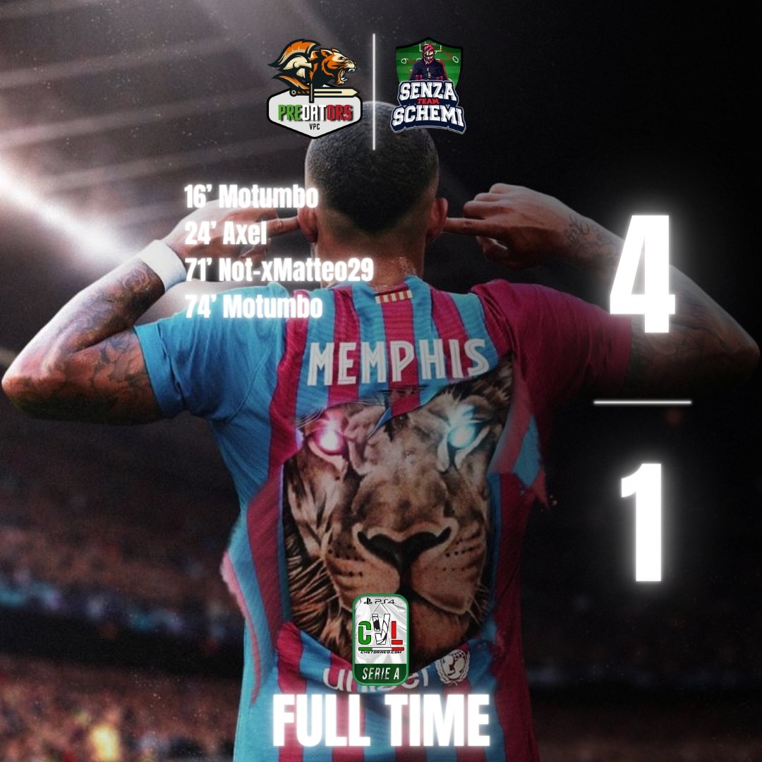 PredatorsVPC's tweet image. ⚫️🟠 FULL TIME 🟠⚫️

🗓 | 13ª Giornata
🏆 | @CVL_ITALY
🆚 | @ISENZASCHEMI
✅️ | 4️⃣-1️⃣

🗓 | #CoppaItalia #QuartiDiFinale
🏆 | @_Efa_Italy_
🆚 | @NONAMEproclub1
✅️ | 5️⃣-1️⃣

🗓 | 20ª Giornata
🏆 | @PGS_ITALIA 
🆚 | #Suzzi
✅️ | 2️⃣-0️⃣

#GoPredators🧡🖤

@vGamesRT @S6_trialhouse