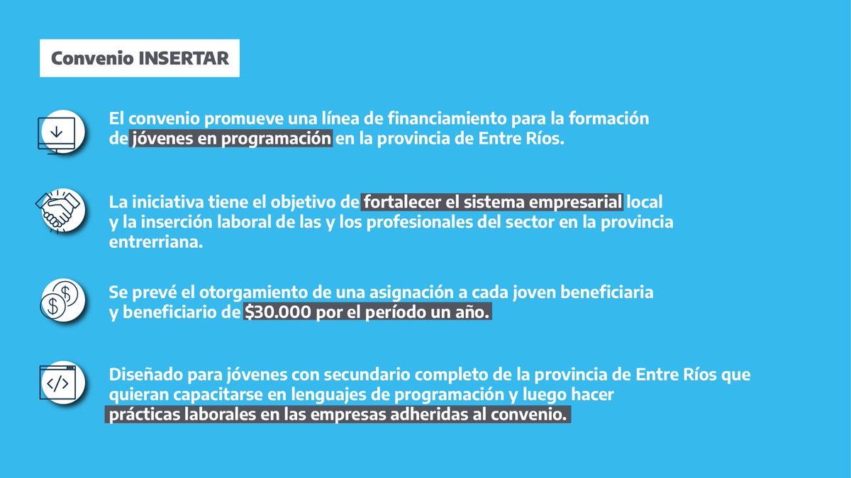ArielSujarchuk's tweet photo. Junto a @SergioMassa y @bordet, lanzamos #Insertar, que articula la formación en programación y la vinculación laboral entre jóvenes y firmas de #EntreRíos. Con una inversión total de $45M, permitirá a cada participante recibir una beca de $30 mil por un año. https://t.co/Oitwd2I6HO