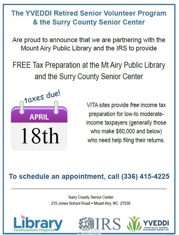 NcworksPt's tweet photo. Taxes, Taxes, Taxes, don't worry call to schedule an appointment to get them done for #FREE!  
@surrycc @SurryCoSchools @SurYadWorks @YVEDDI https://t.co/4xknNZhaTi