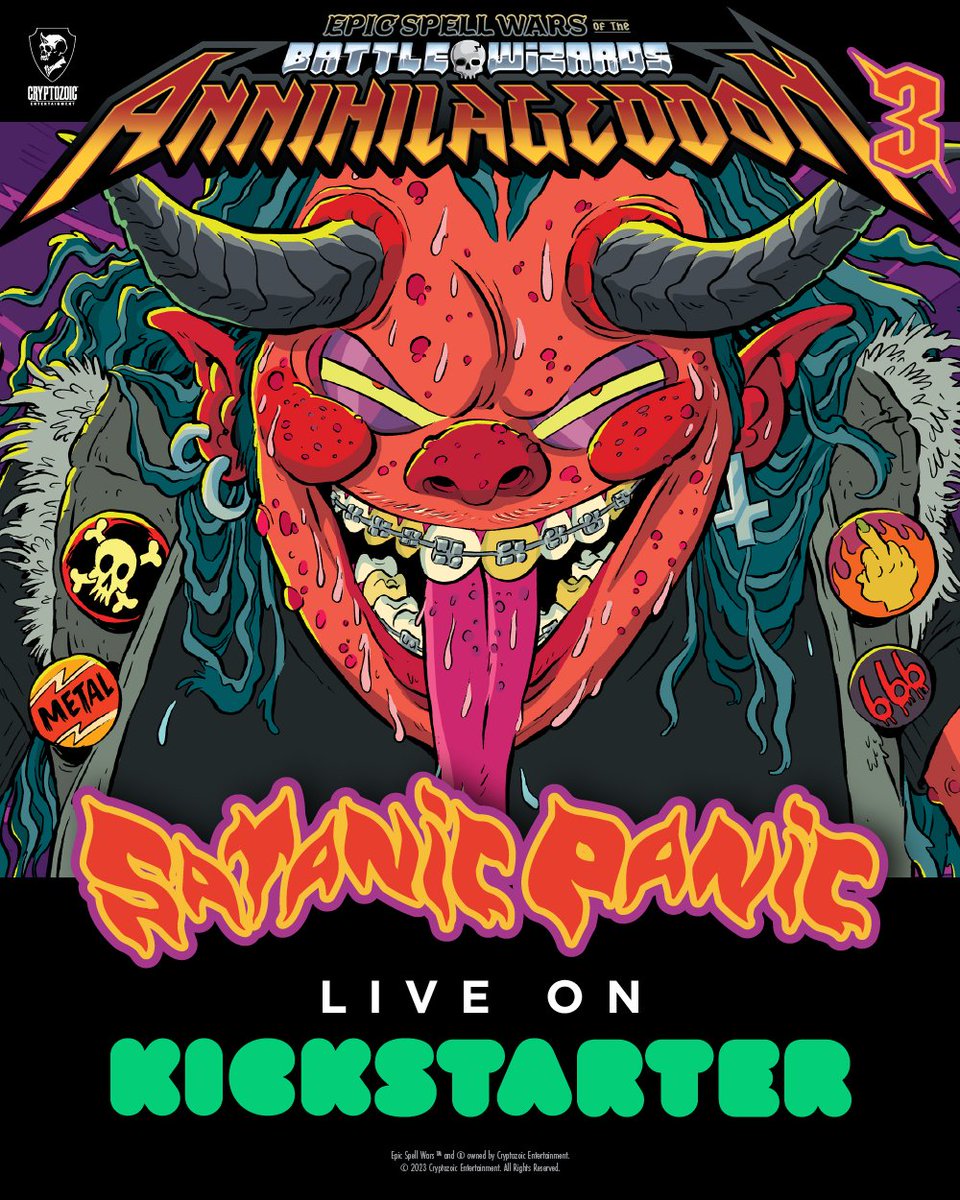 Cryptozoic's tweet image. 🔥 Hell yeah! Epic Spell Wars: ANNIHILAGEDDON 3 — Satanic Panic is live on Kickstarter! 
🤘Give us your soul (or, you know, just pledge) NOW!

🔥bit.ly/ESWA3-KS  

 #kickstartercampaign
