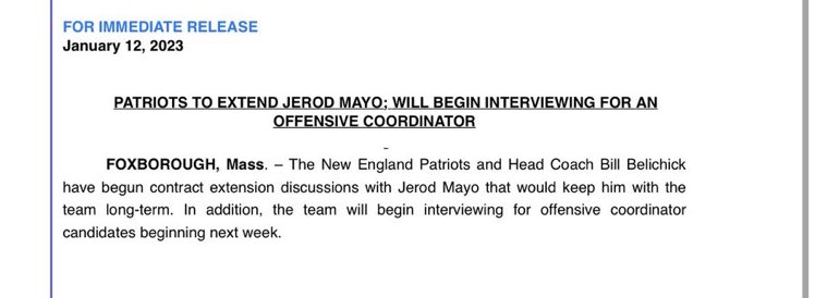 Savageboston's tweet photo. The New England Patriots have officially fired Matt Patricia from offensive coordinator. 

They are interviewing new offensive coordinator candidates next week. https://t.co/xoGZOShlCX