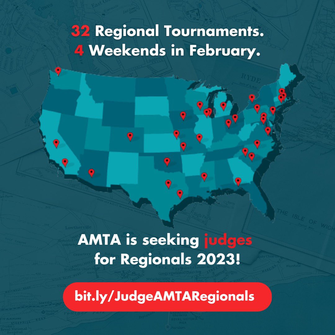 AMTA is hosting 32 tournaments across the country for Regionals 2023 — and we need your help to judge! Please visit bit.ly/JudgeAMTARegio… to sign up to judge a tournament near you. #roadtomemphis