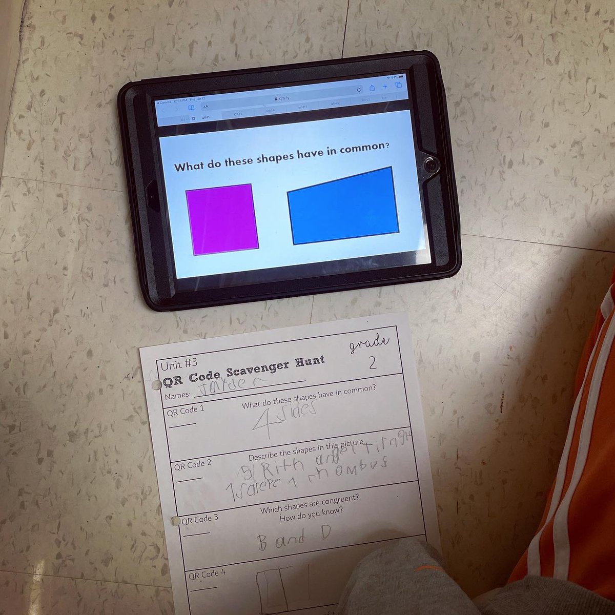 mstibollo's tweet photo. More fun math review for students to practice for their upcoming spatial sense assessment. Students move around the room, scan QR codes, and answer the questions on their worksheet 📚✏️ a fabulous way to incorporate different learning styles and movement around the classroom! 🙌🏼 https://t.co/LqymyNHXCg