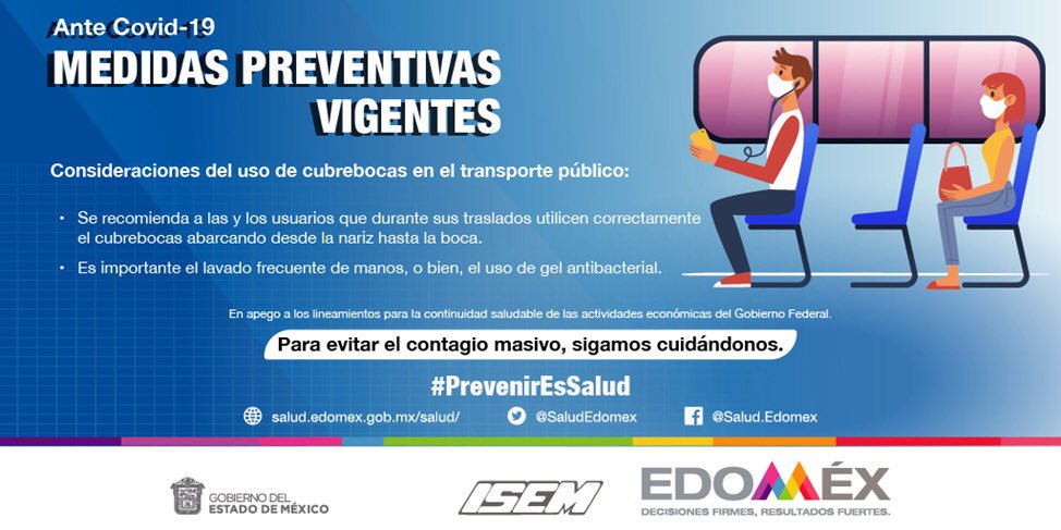 La @SaludEdomex te invita a continuar realizando acciones para prevenir los contagios por #Covid_19mx, como el uso del cubrebocas en el transporte público, el lavado frecuente de manos y el uso de gel antibacterial. #CuidemosTodosDeTodos
#PrevenirEsSalud