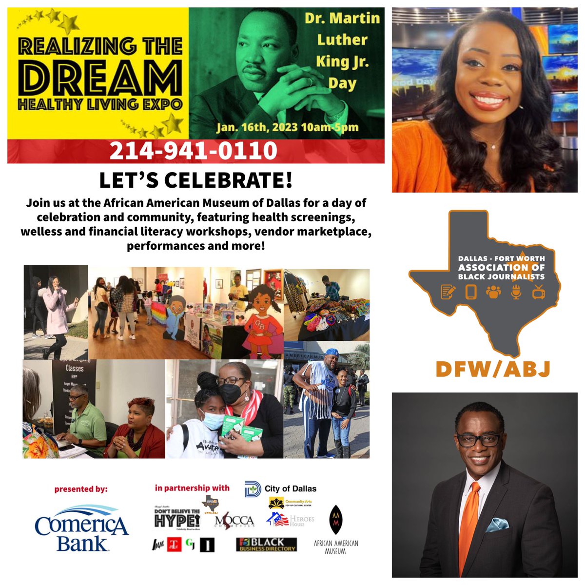 Dr. MLK, Jr. Day is a day on, not a day off! Join us Monday January 16 #RealizingTheDream #HealthyLivingExpo #AfricanAmericanMuseum #Dallas 10-5 FREE #ForYourHealth! #DFWABJ @scoopjefferson WFAA @TisiaMuzinga Fox4 celeb judges Cobbler Contest-one of Dr. King's favorite desserts😋