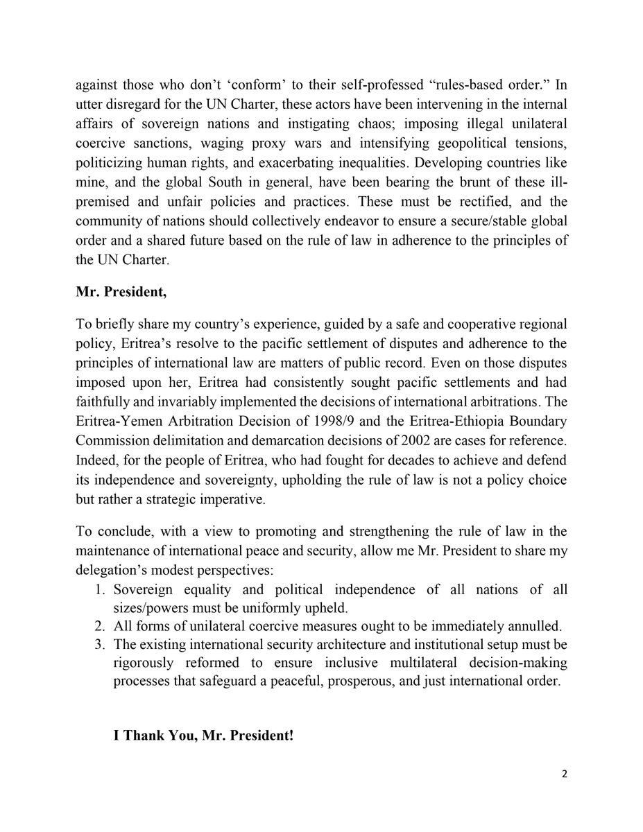 Eritrea_UN's tweet photo. Statement Delivered by Ambassador Sophia Tesfamariam at the Open Debate of the Security Council titled: “the Promotion and Strengthening of the Rule of Law in the maintenance of International Peace and Security: The Rule of Law among Nations.” #Eritrea #UnitedNations #UNSC https://t.co/1cWnbmeLS0