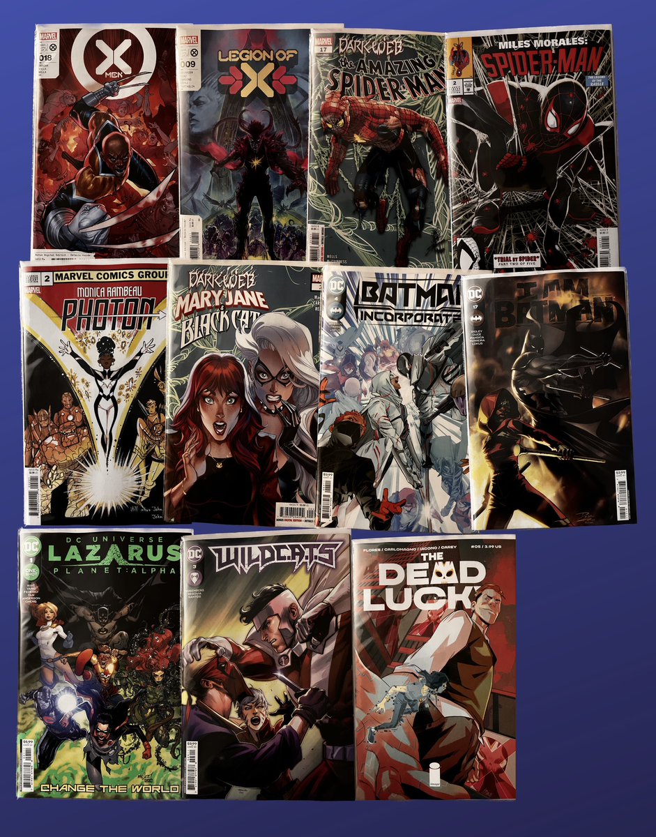 This weeks #newcomicbookday #pickups #MarvelComics #Xmen #LegionofX #AmazingSpiderMan #MilesMorales #Photon #DarkWeb #dccomics #BatmanInc #IamBatman #LazarusPlanet #WildCats #imagecomics #DeadLucky #InSearchOf #ISO