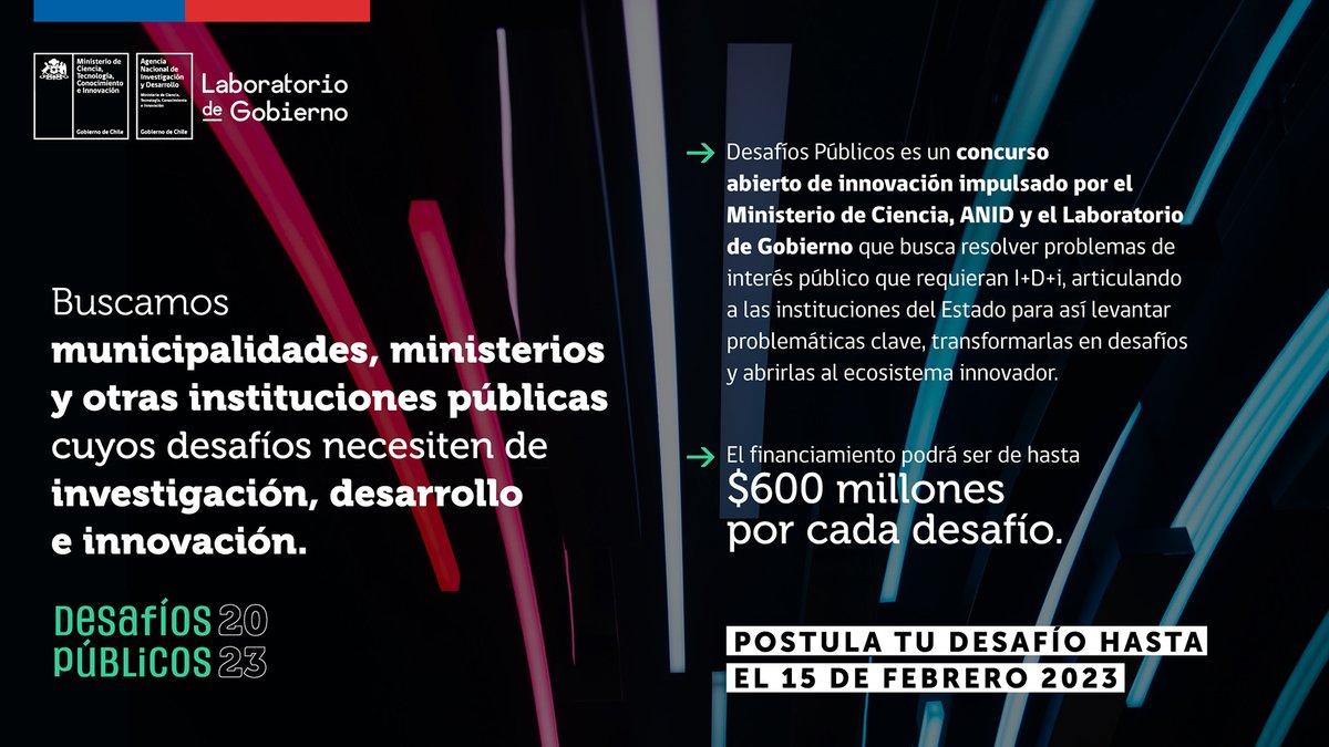 ¡Pasa la voz! 📣 Invitamos a municipalidades, ministerios y otros servicios públicos a enviarnos sus problemáticas que requieran de #investigación, #desarrollo e #innovación.

Más detalles en este hilo ⬇️
