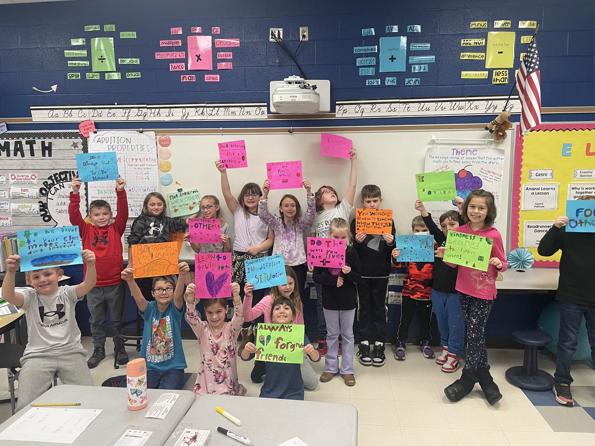 MrsArtrip's tweet photo. We started learning how to find the theme in a story. After reading the story, Lilly’s Purple Plastic Purse, students had to come up with a theme or lesson that they took away from the story. I was beyond impressed with their “take aways” so we had to make theme posters! https://t.co/BIDoYIVIvW