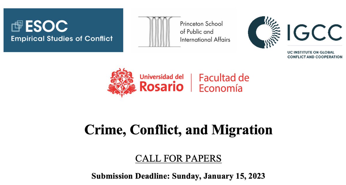 Juan Vargas (@juanf_vargas) on Twitter photo The Empirical Studies of Conflict (ESOC, <a href="/ESoConflict/">Empirical Studies of Conflict Project</a>) and the School of Economics at Universidad del Rosario (<a href="/EconUrosario/">EconomĂa URosario</a>) will host the first ESOC Latin American Conference: “Crime, Conflict and Migration” in Bogota, on May 19 and 20
#EconTwitter
(1/3) The Empirical Studies of Conflict (ESOC, <a href="/ESoConflict/">Empirical Studies of Conflict Project</a>) and the School of Economics at Universidad del Rosario (<a href="/EconUrosario/">EconomĂa URosario</a>) will host the first ESOC Latin American Conference: “Crime, Conflict and Migration” in Bogota, on May 19 and 20
#EconTwitter
(1/3)