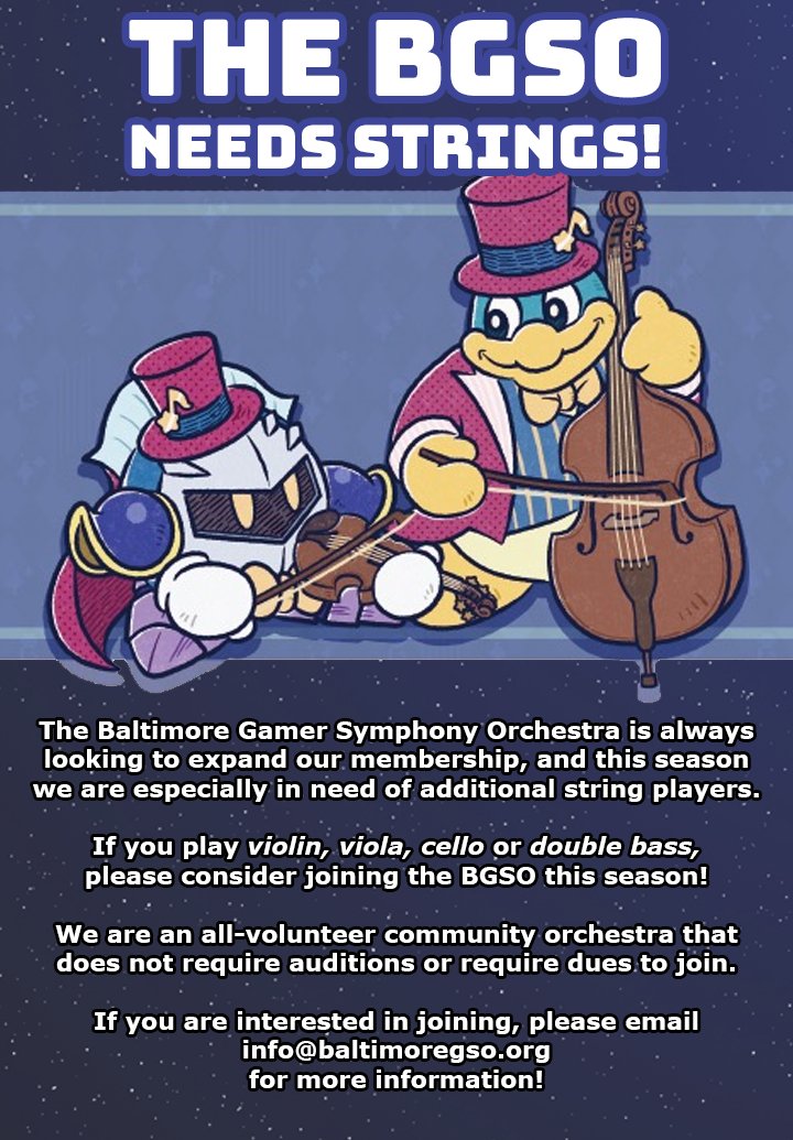 BaltimoreGSO's tweet photo. We're looking to make our string section a little more robust in 2023 - think you can help?

If you play violin, viola, cello or double bass, we would love to see you join!

No auditions required, no dues to pay, and all skill levels are welcome! https://t.co/45ah1rLEXv