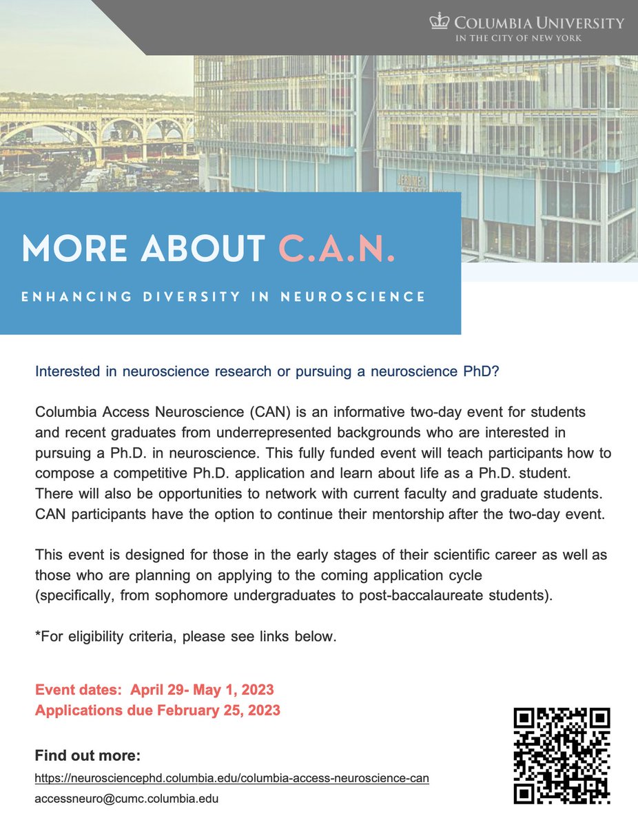 Hey #ScienceTwitter! Open to URM undergraduates/ recent graduates considering a Ph.D in Neuroscience: CAN is here to help you learn about life as a graduate student and how to get there! 

Come join a fully funded 2-day event at Columbia University!

Applications due: February 25