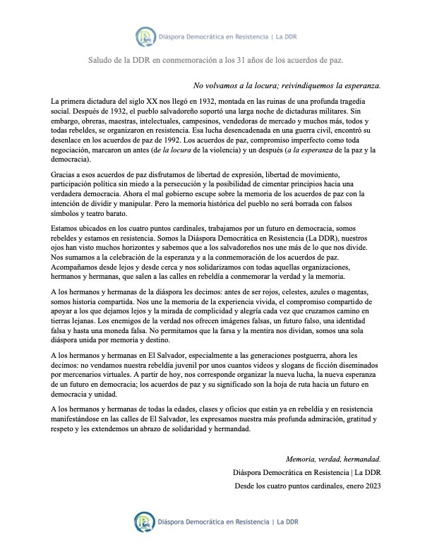 LazurdaXotchitl's tweet photo. 📌 Saludo de la DDR en conmemoración a los 31 años de los acuerdos de paz.

No volvamos a la locura; reivindiquemos la esperanza.

#ElSalvador #El15Marchamos #laddr #elbotiquin https://t.co/XA89vyUHR8