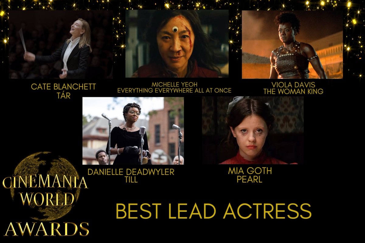 5th Annual #CinemaniaWorldAwards Nominations!

'Best Lead Actress'

#CateBlanchett for #TÁR
#MichelleYeoh for #EverythingEverywhereAllAtOnce 
#ViolaDavis for #TheWomanKing 
#DanielleDeadwyler for #Till
#MiaGoth for #Pearl

Vote for your favorite below!
