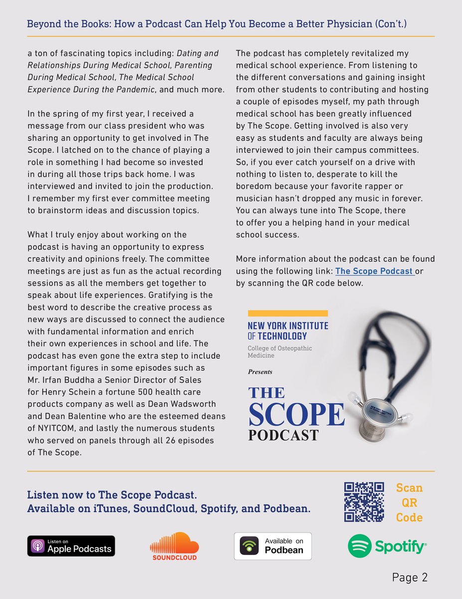 NYITCOMDO's tweet photo. One of our student physicians and host of several episodes of the Scope Podcast, Abu-Bakr Malik, OMS-III, @NYITCOMAR recently wrote an article about how the podcast has helped him.
Read it now https://t.co/5QuTkHPPDF
#thescope @nyit #medicalstudent #podcast #nyitcom https://t.co/vJUsTlQPPF
