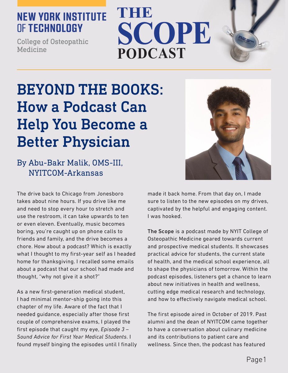 NYITCOMDO's tweet photo. One of our student physicians and host of several episodes of the Scope Podcast, Abu-Bakr Malik, OMS-III, @NYITCOMAR recently wrote an article about how the podcast has helped him.
Read it now https://t.co/5QuTkHPPDF
#thescope @nyit #medicalstudent #podcast #nyitcom https://t.co/vJUsTlQPPF