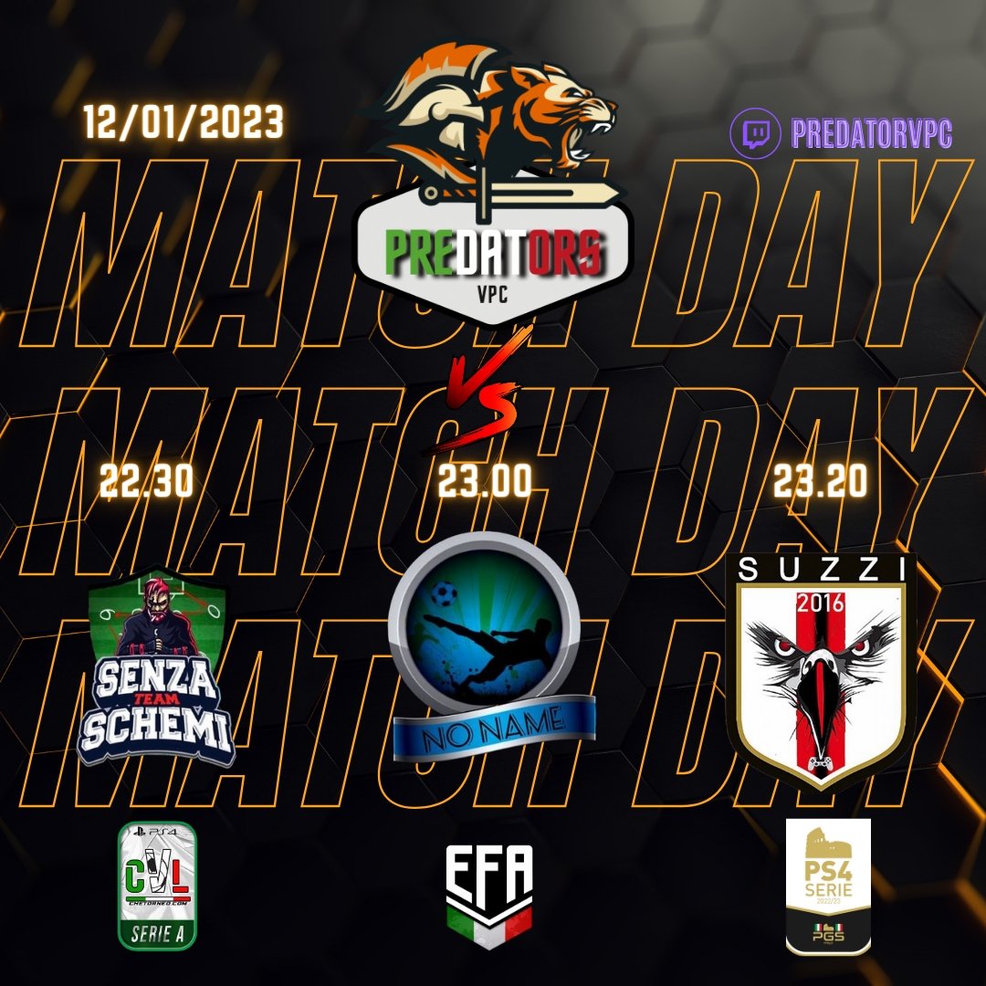 PredatorsVPC's tweet image. ⚫️🟠 MATCHDAY 🟠⚫️

🗓 | 13ª Giornata
🏆 | @CVL_ITALY
🆚 | @ISENZASCHEMI
⏰ | 22.30

🗓 | #CoppaItalia #QuartiDiFinale
🏆 | @_Efa_Italy_
🆚 | @NONAMEproclub1
⏰ | 23:00

🗓 | 20ª Giornata
🏆 | @PGS_ITALIA 
🆚 | #Suzzi
⏰ | 23:20

🟣 | twitch.tv/predatorvpc

#GoPredators🧡🖤