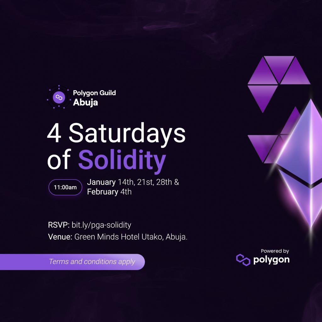 PolygonAbuja's tweet photo. We know your week has been amazing…
If you apply to our 4 Saturdays of Solidity, Kindly check your email, if you have not applied, we still have few more slots for you.
#4SOS #polygonGuildAbuja #polygon https://t.co/PjkXUbyy1m