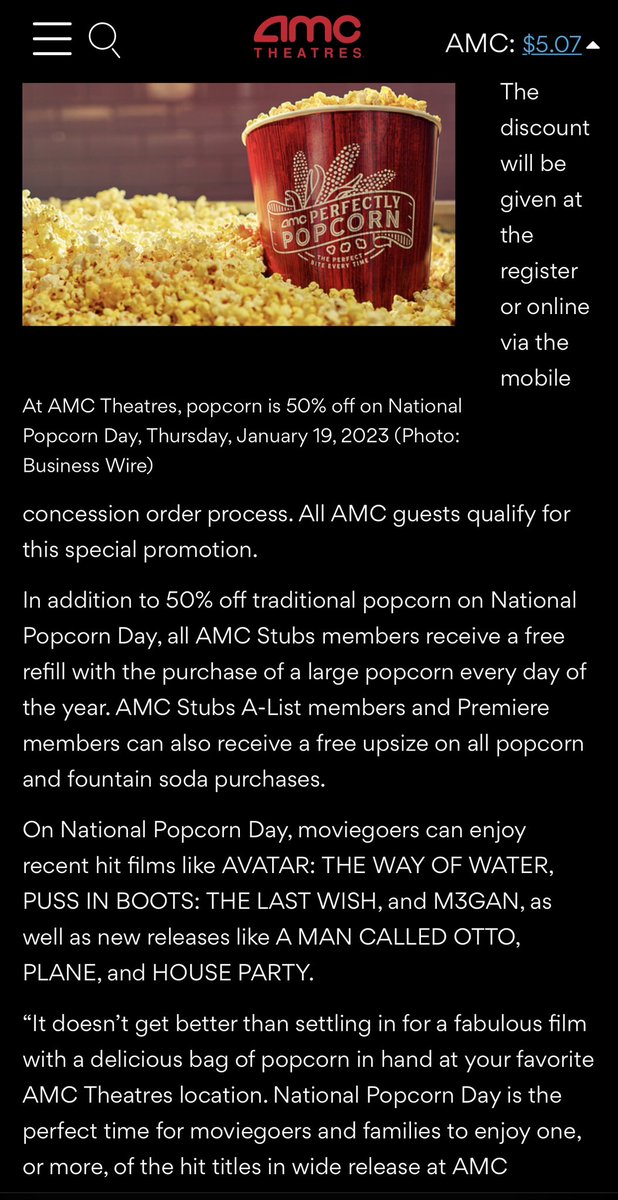 AmcNotLeaving's tweet image. AMC Theatres - AMC Theatres® Celebrates National Popcorn Day by Slashing Popcorn Prices in Half on Thursday, January 19. #AMCNOTLEAVING #amcpopcorn #amc #AMCAPES