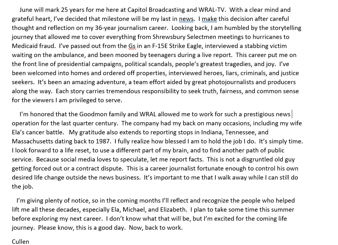 cullenbrowder's tweet photo. Some personal news... @wral https://t.co/vVRRhvNls2