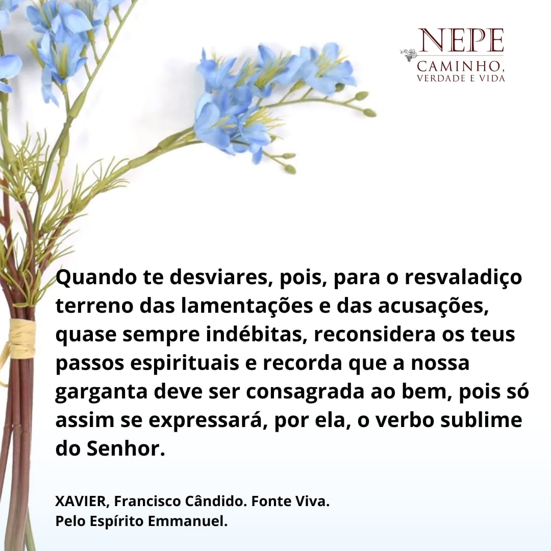 Quando te desviares, pois, para o resvaladiço terreno das lamentações e das acusações... (XAVIER, Francisco Cândido. Fonte Viva. Pelo Espírito Emmanuel.)
.
<a href="/nepecvv/">NEPE Caminho, Verdade e Vida.</a> #nepecvv #nepecaminhoverdadeevida #ChicoXavier #Emmanuel #evangelho