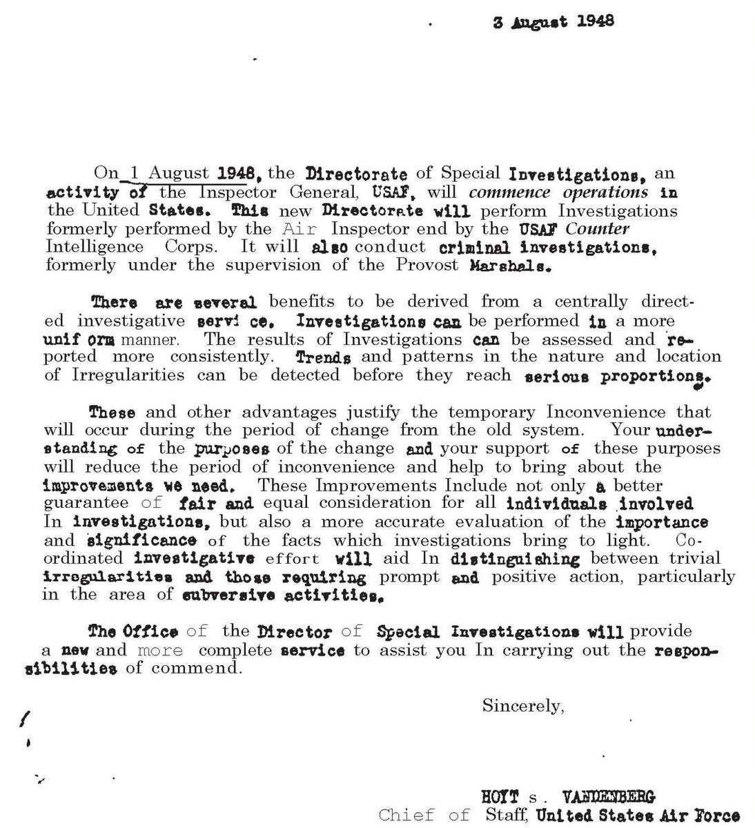 RealAFOSI's tweet photo. With a stroke of the pen, OSI was activated.📝
This letter signed by then Chief of Staff of the Air Force Hoyt Vandenberg, formally activated the “Directorate of Special Investigations."

This directorate would continuously evolve into today’s OSI. #ThrowbackThursday!
#75YearsOSI https://t.co/sd0RB7G7hQ