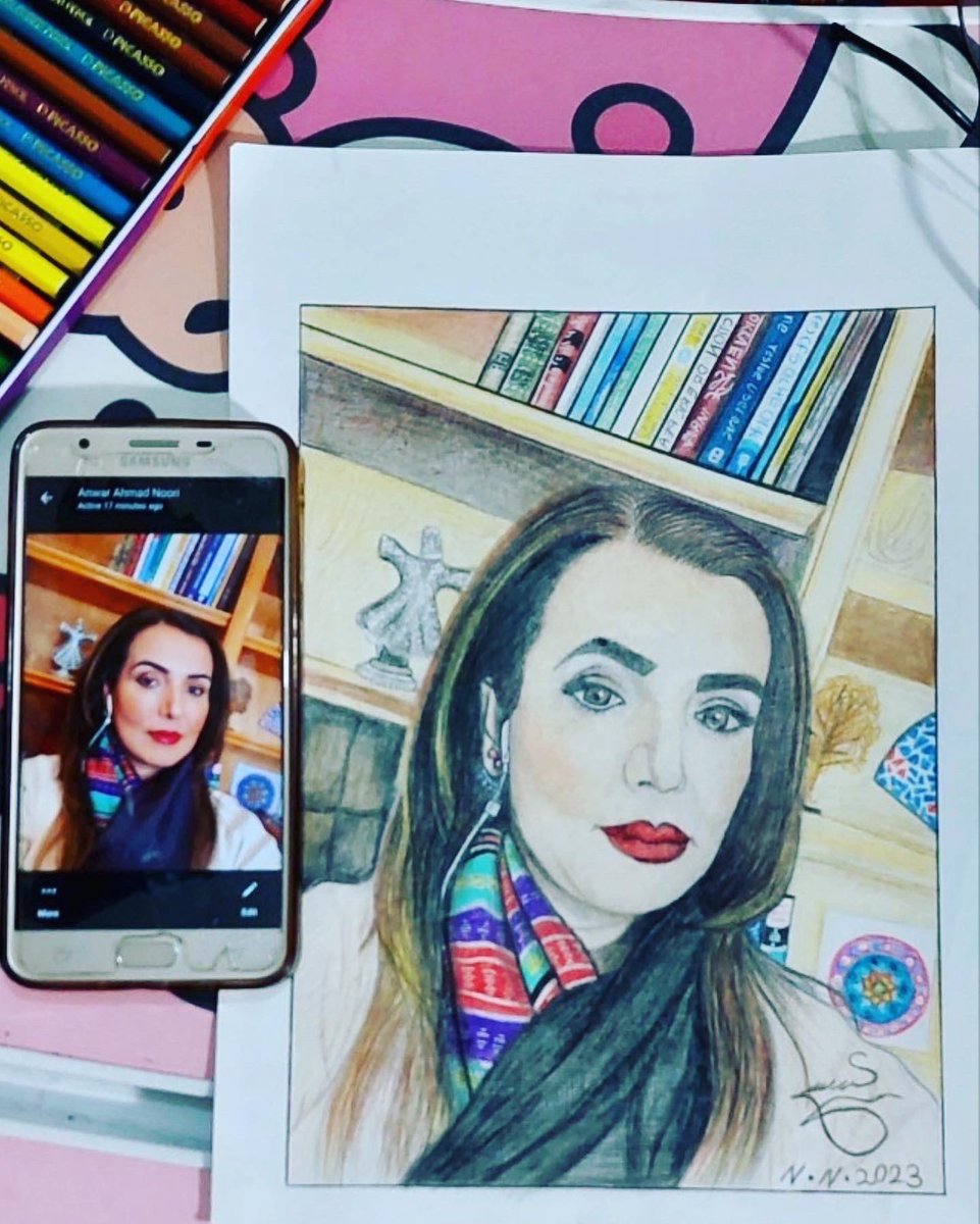 MariamAtash's tweet photo. 13yr old Nawal from #Afghanistan drew this photo of me after seeing my interview speaking against #Taliban restriction of #womensrights. @UN, @unafghanistan, Org of Islamic States &amp; @POTUS must put pressure on #Pakistan to stop supporting #Taliban with these unjust policies. https://t.co/RJ0wHJ8TLX