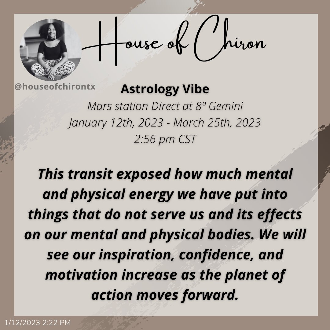 houseofchirontx's tweet photo. Mars station Direct at 8º Gemini ♊️
January 12th, 2023 - March 25th, 2023
2:56 pm CST
#geminijazz #houseofchiron #astrology #astrologycommunity #marsingemini #marsdirect #marsretrograde #mars #capricornseason #2023astrology #astrologyinformation https://t.co/tM2IRON3mP