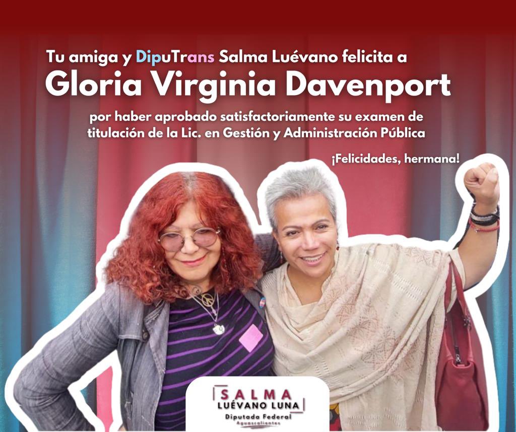 SalmaLuevano's tweet photo. Muchas felicidades querida hermana @gloriadavenport por cumplir una meta más al aprobar tu examen de titulación. Ahora eres Licenciada en Gestión y Administración Pública. 🏳️⚧️🎉
Nuestra población #trans un orgullo. ¡Enhorabuena!
#PoderTrans #ResistenciaTrans https://t.co/2tG8P3duY8