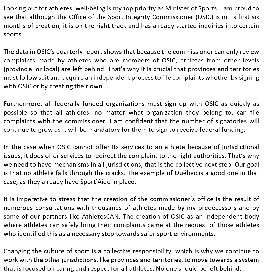 PascaleStOnge_'s tweet photo. My statement on the Office of the Sport Integrity Commissioner's quarterly report. https://t.co/fxeXp64ocJ