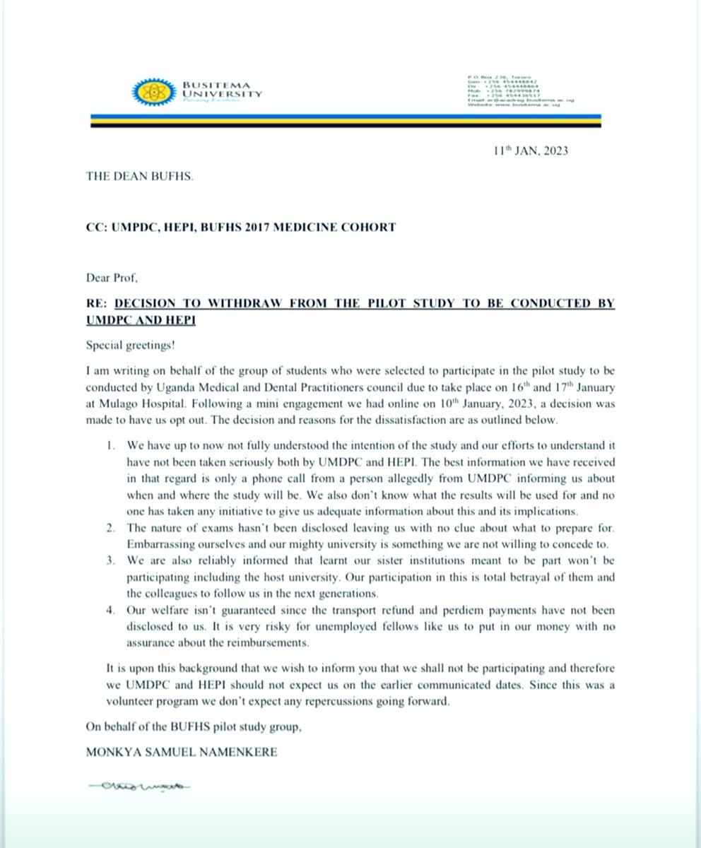 muzukuluDr's tweet photo. Medical students from @BusitemaUni & @kabuniversity have withdrawn from the pilot study to introduce joint exams by Ug Med and Dental Practitioners Council \ HEPI. #UMDPC. We should always remember, Students are the major stakeholders in the education system, their voices matter! https://t.co/CeRhoBXuIR