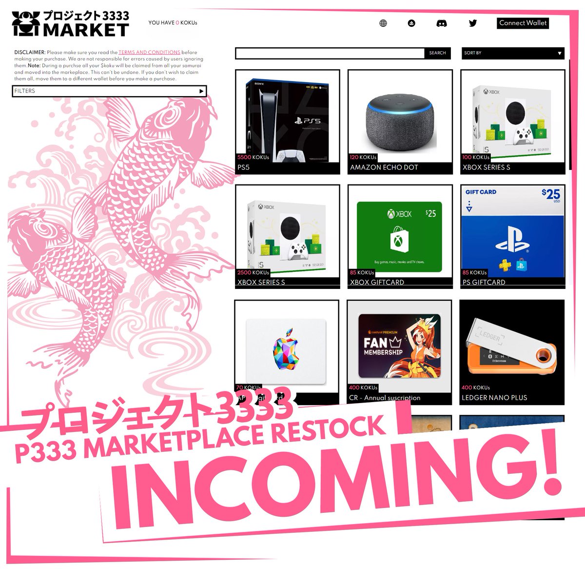 Purojekuto3333's tweet photo. 🔥 HUGE MARKETPLACE NEWS!!! 🔥 The #P3333Marketplace is restocking next week! 🚀 Start earning $Koku 🪙 TODAY!!! and REDEEM IRL ITEMS!!! including PS5, Xbox Series S, giftcards, and MORE! 🎁 
📢Share the good news!  
Check it out! 👇 👇 👇
https://t.co/hwLYz0ZkUv https://t.co/Tagp1LP2XL