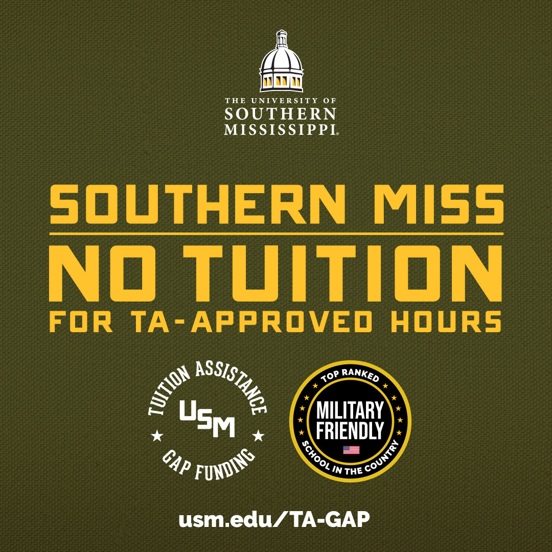 Southern Miss is now covering the tuition gap between federally approved TA hours and the remaining course cost for Military Students! Learn more at buff.ly/3IKpoqz! 🇺🇸💛🖤