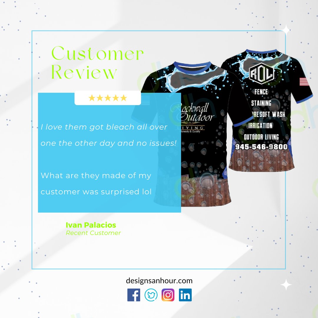 designsanhour's tweet photo. Thank you Rockwall Outdoor Living for choosing
@DesignsAnHour for business shirts for your company. Start a project today and get your sublimated and chemical-resistant shirt https://t.co/Uj5v5e4xeR

#sublimationshirts #pressurewashing #sublimatedjerseys #softwash https://t.co/ZBrsEVmSNe