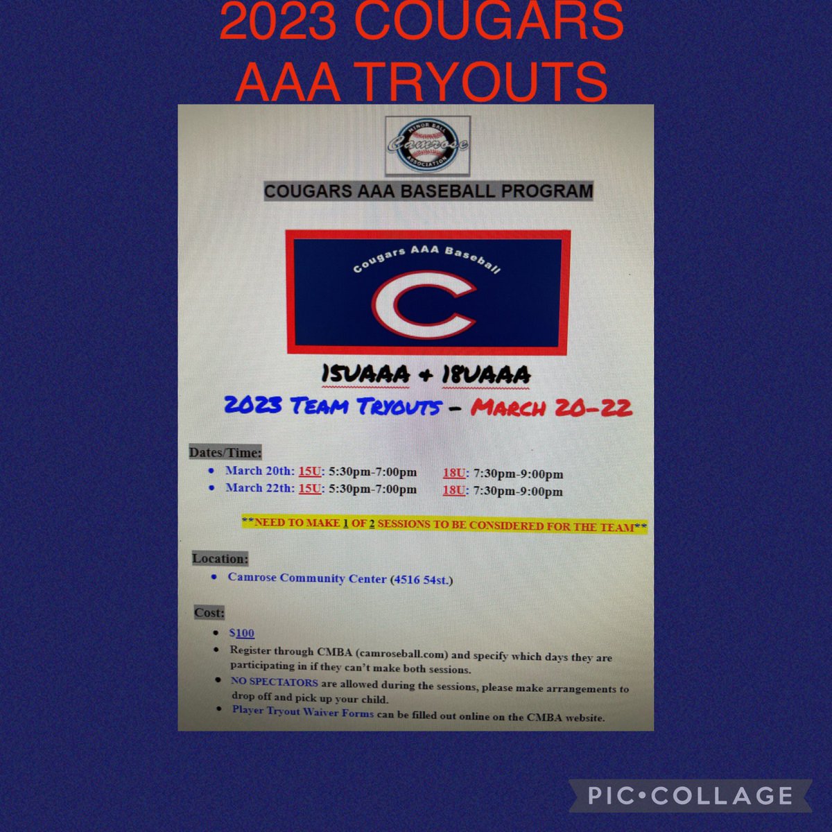 AAACougarsPOPPI's tweet photo. ITS TIME!! 15/18 AAA 2023 Cougars tryouts are Mar. 20 &amp; 22 (need to make 1 session to be considered for the team).  
Times for both nights;
15U: 5:30pm-7pm
18U: 7:30pm-9pm
**Registration opens Jan.15 through 
   CMBA https://t.co/WSgCsCyLAq - 
   Imports welcome**
More info ⬇️ https://t.co/fhRdu5Bv59