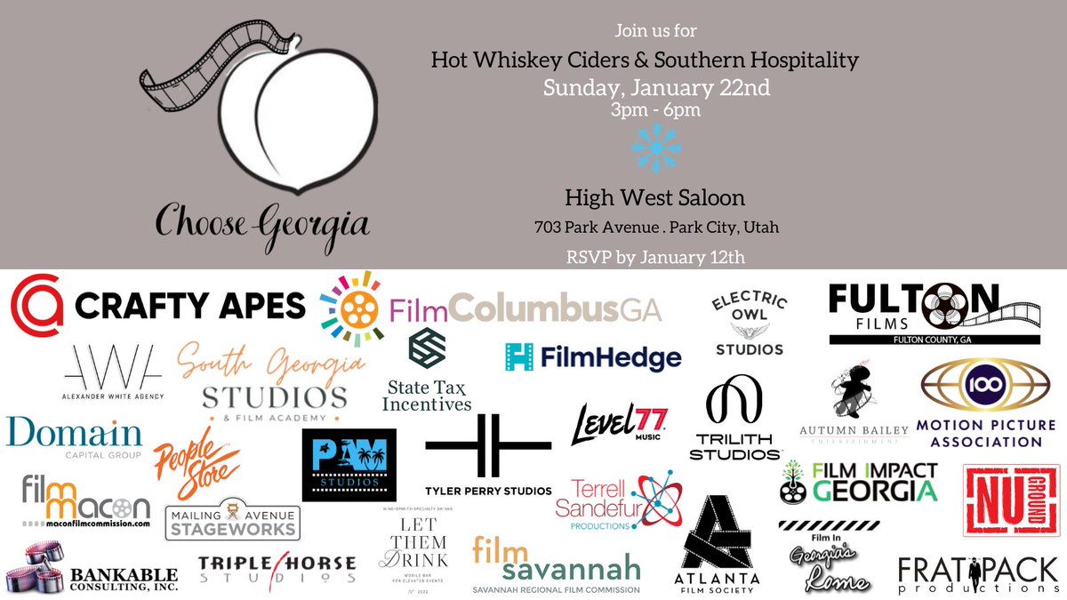 📽️🍑 #ChooseGeorgia party at Sundance Film Festival.
Sunday, January 22 at High West Saloon. Park City, Utah
Thank You to all of our Sponsors!
RSVP Here --> choosega2023.rsvpify.com