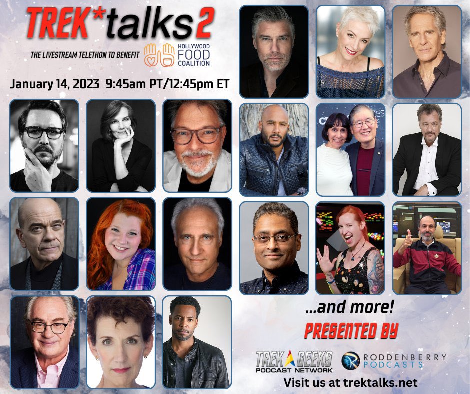 Streaming this Saturday, starting 12:45pm ET! Fun #StarTrek - related talks and panels, all supporting @HollywoodFoodCo . TrekTalks.net