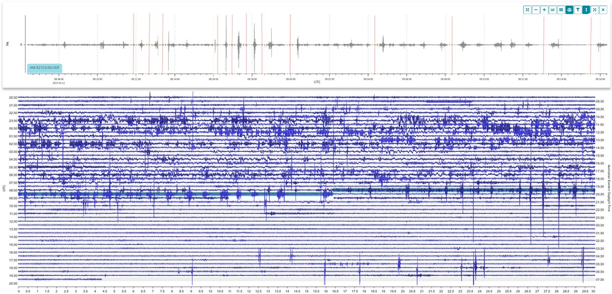 AlanSheehan18's tweet image. Lightning Storm over Oberon, NSW, Australia detected in Infrasound on my Raspberry Shake and Boom (AM.R21C0). Strike times of closest strikes marked in red. More distant strike times not recorded. @raspishake #ShakeNet #DataView #Lightning Maps.org