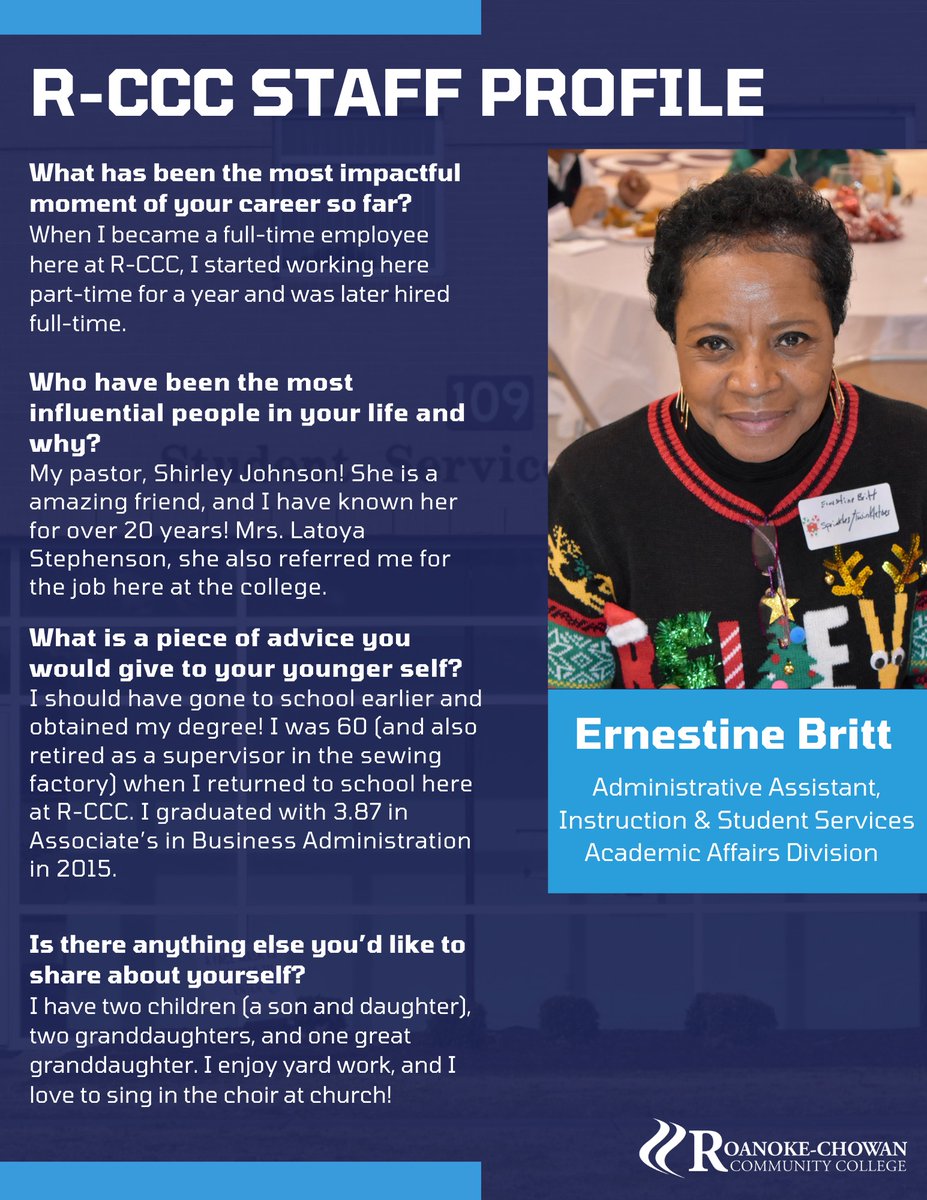 RoanokeChowanCC's tweet photo. This week, our R-CCC Staff Profile features Ms. Ernestine Britt! Ms. Britt has been an integral member of the Wave family since 2016! Read her story and learn more about her journey! Ms. Britt, we are so grateful for your tireless contributions to our college!
#DiscoverRCCC https://t.co/oZ2xu5muF1
