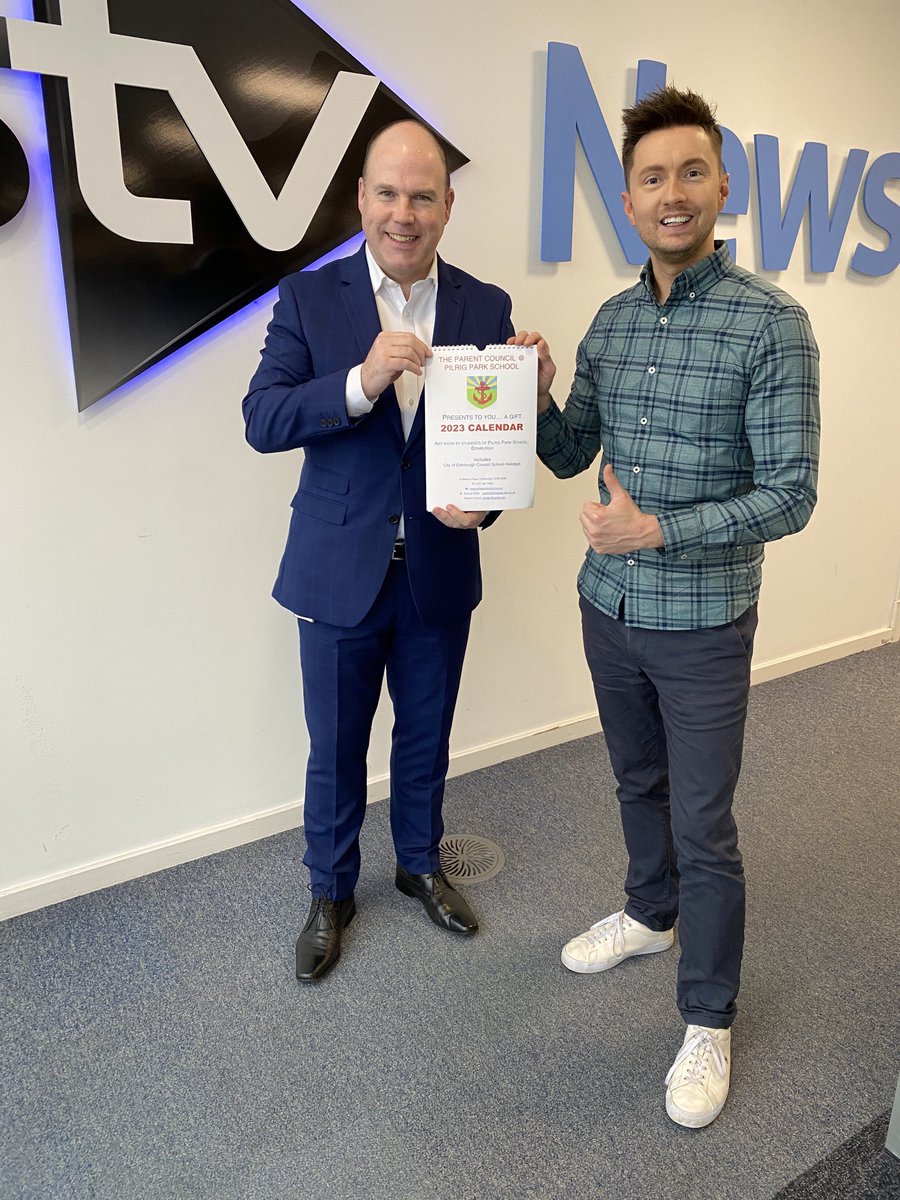 PilrigPark's tweet photo. Look where our 2023 School calendar has ended up! Thanks to a former pupil who has very special contacts with @STVNews ! If John and Sean would like to visit us at Pilrig Park School, we would love to meet you! #schoolcalendar2023 #wearefamous https://t.co/Hwv4HR0Nbp