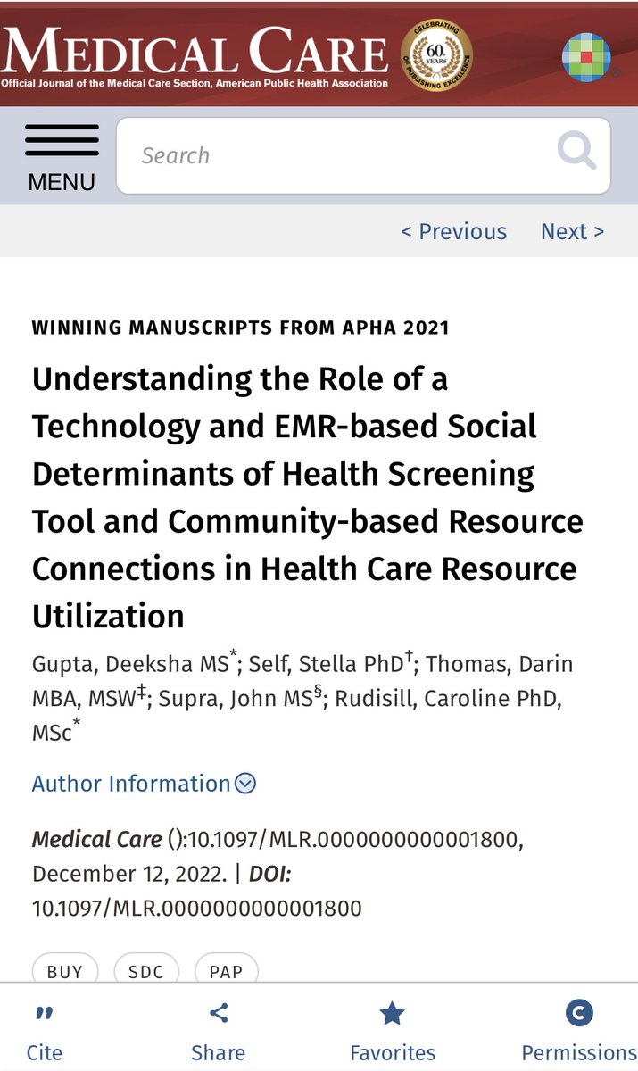 Delighted to share my first publication! We discuss how screening for social determinants of health affects healthcare use by patients. Thank you to my amazing team: Stella Self, Darin Thomas, John Supra, and Caroline Rudisill! Link to the article: journals.lww.com/lww-medicalcar…