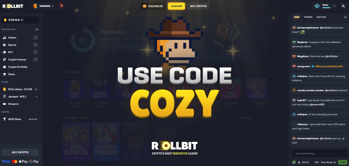 Happy to announce I finalized a partnership with @rollbitcom 

I was already degening on their Crypto Futures service which you can use to trade up to 1000x leverage

Every month, 10 people that sign up using code ‘cozy’ will split 50% of referral rewards

rollbit.com/referral/cozy