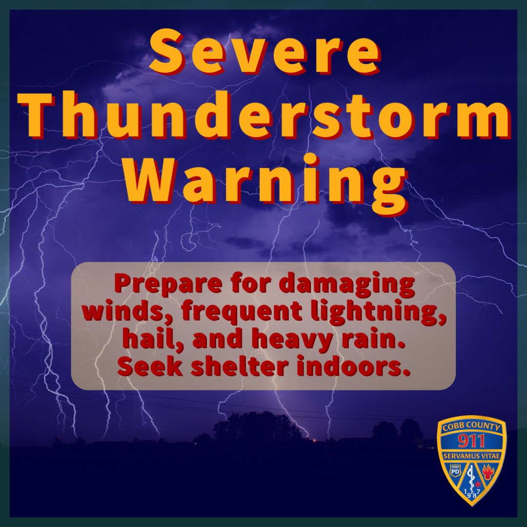 CobbCo911's tweet photo. Severe Thunderstorm Warning remains in effect for Cobb until 4:15 https://t.co/TkaM63824O